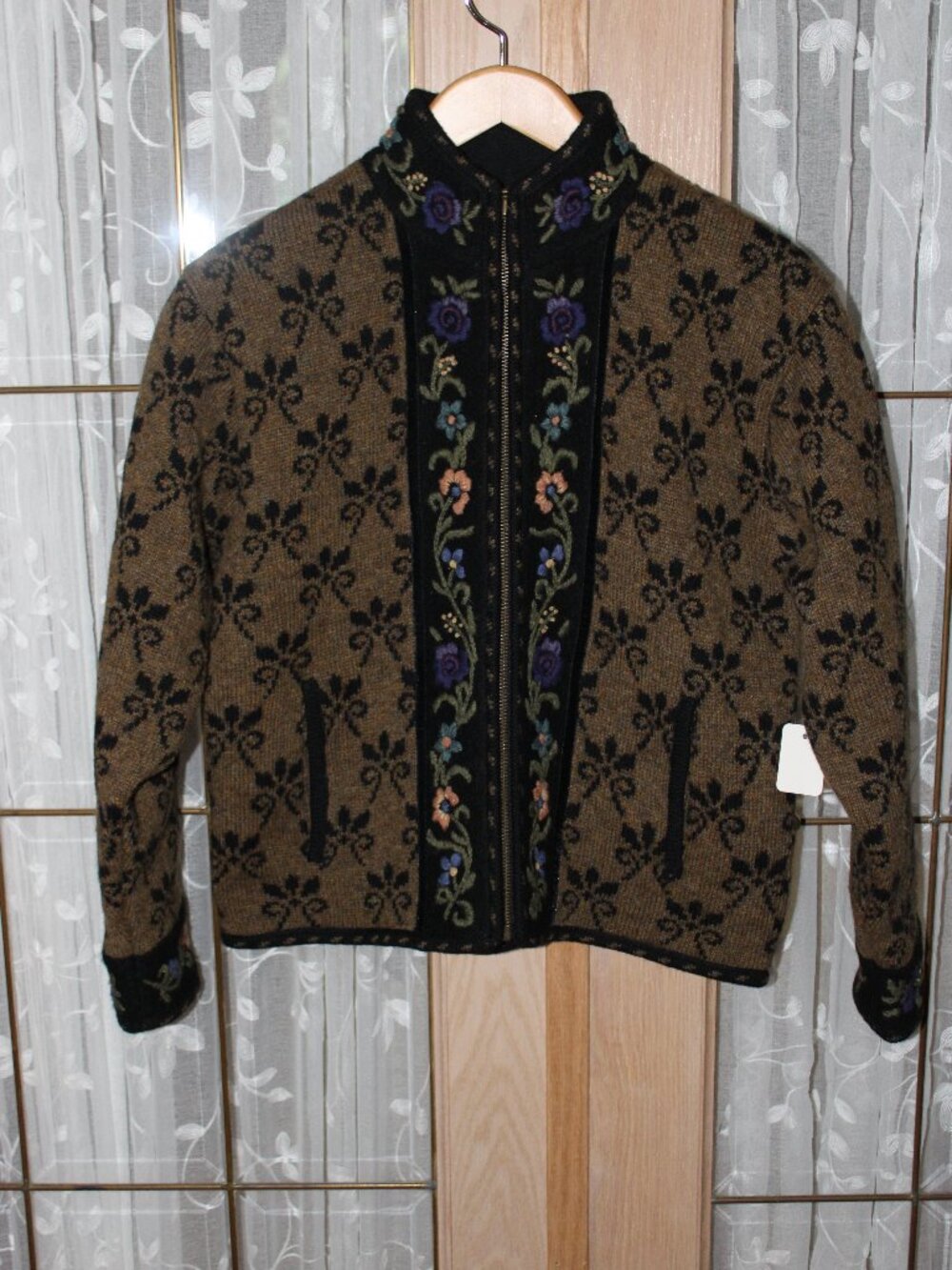Icelandic VTG Women 100 Wool Jacket Lined Brown Zip Up M Embroidered Pockets